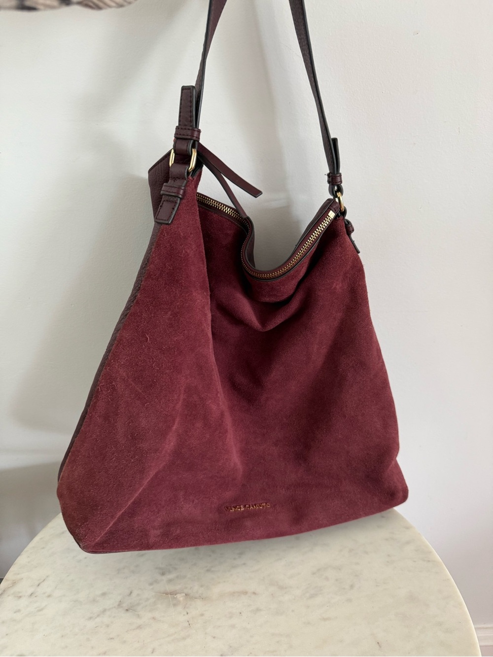 Vince Camuto Elois Deep Sugar Plum Leather and Suede Hobo Shoulder Bag Maroon
